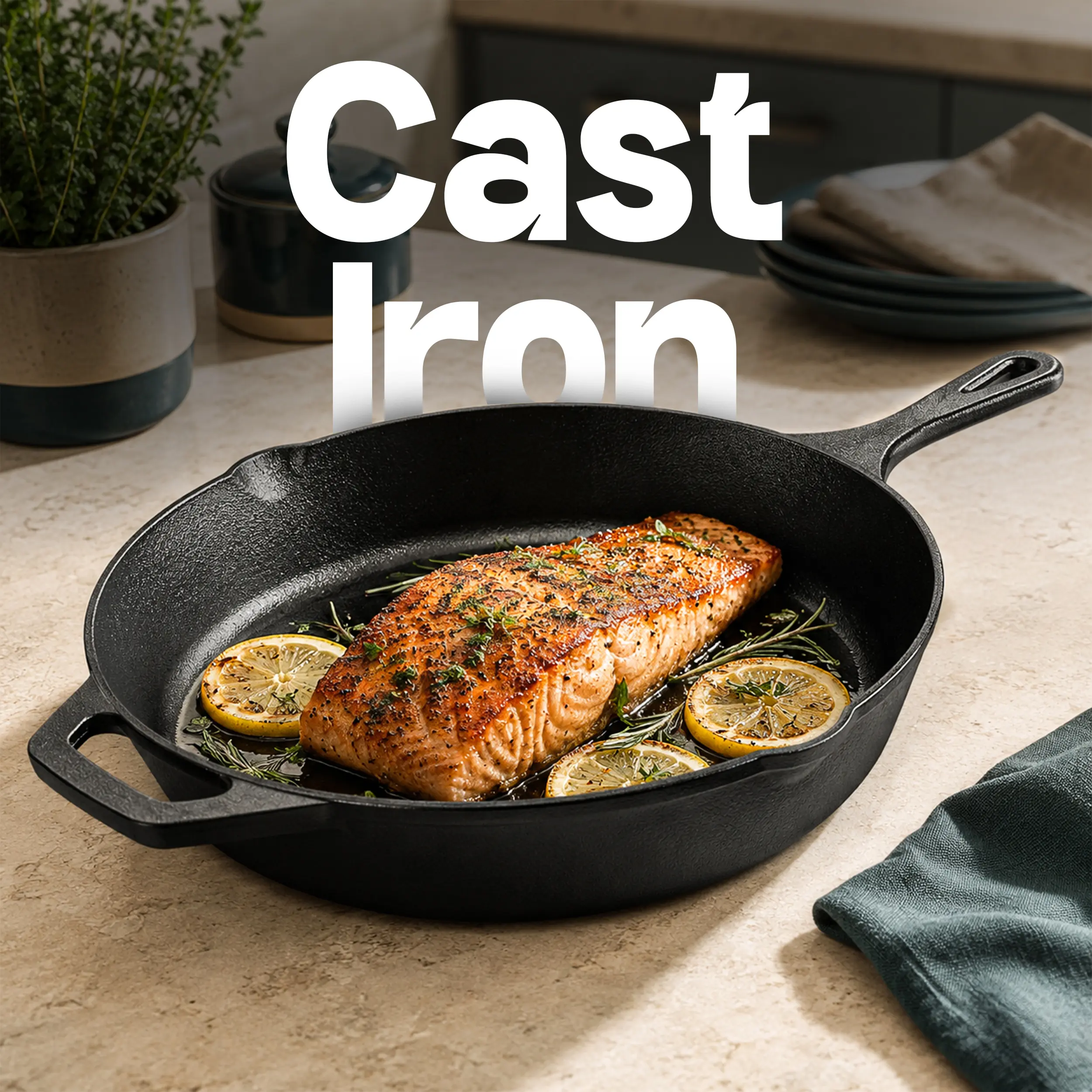 12-in Pre-Seasoned Cast Iron Frying Pan - Heavy-Duty Cookware, Multipurpose Indoor Kitchen Skillet works best with oil