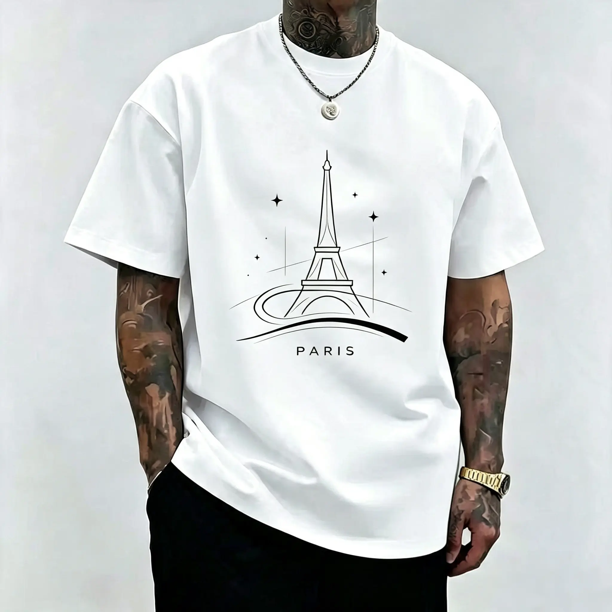 Men's Paris Pattern Printed Shortsleeve T-Shirt - Unisex Menswear, Soft Crew Neck, Casual Classic Street Style, All-Season Suitable, Machine Washable, Regular Fit, Tshirt, Fabric, Top, Simple