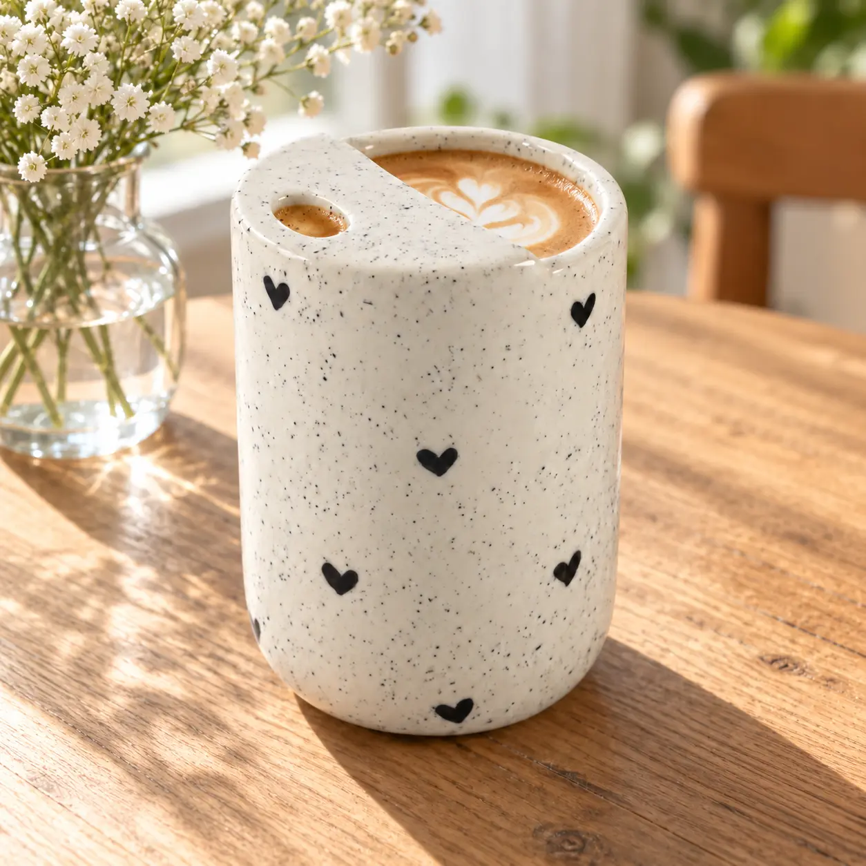 17oz Glossy Handmade Ceramic Coffee Tea Cup - Heart Motif, Easy-Drink Spout, Lead-Free, Microwave Safe, Dishwasher Safe, Large Capacity, Reusable Travel Tumbler, Unique Gift Idea for Women, Ceramic Drinkware