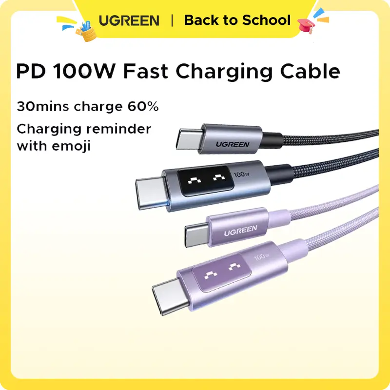 UGREEN Uno 100W Aluminium Durable USB-C Fast Charging Cable with LED Display for Mobile Devices - iPhone 17/16/15 Plus/15 Pro Max, MacBook Pro/Air, Galaxy S24 Ultra (Smiley-Infused, Summer Sale), Smartphone，tiktokshopbacktoschool