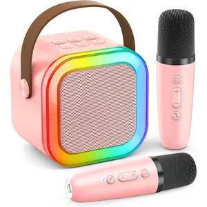 Karaoke Machine for Kids Adults, Portable Bluetooth Mini Karaoke Microphone Singing Speaker with 2 Mic and Light,Toys for All Smartphones,Birthday, Family,Home Party (Pink)