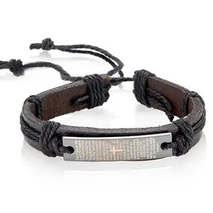 Crucible Men's Leather Lord's Prayer Adjustable Bracelet: Black