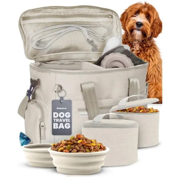Original Dog Travel Bag Kit - Complete Pet Supply Bag with 2 BPA-Free Travel Bowls, 2 Pet Food Containers - for Road Trips, Camping, Dog Gift