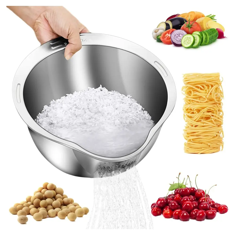 Rice Washer Strainer Bowl - 4-in-1 Washing Bowl for Quinoa, Stainless Steel Rinser With Side Drainers Small Colander for Cleaning Fruits, Vegetables, and Beans - Versatile Kitchen Tool