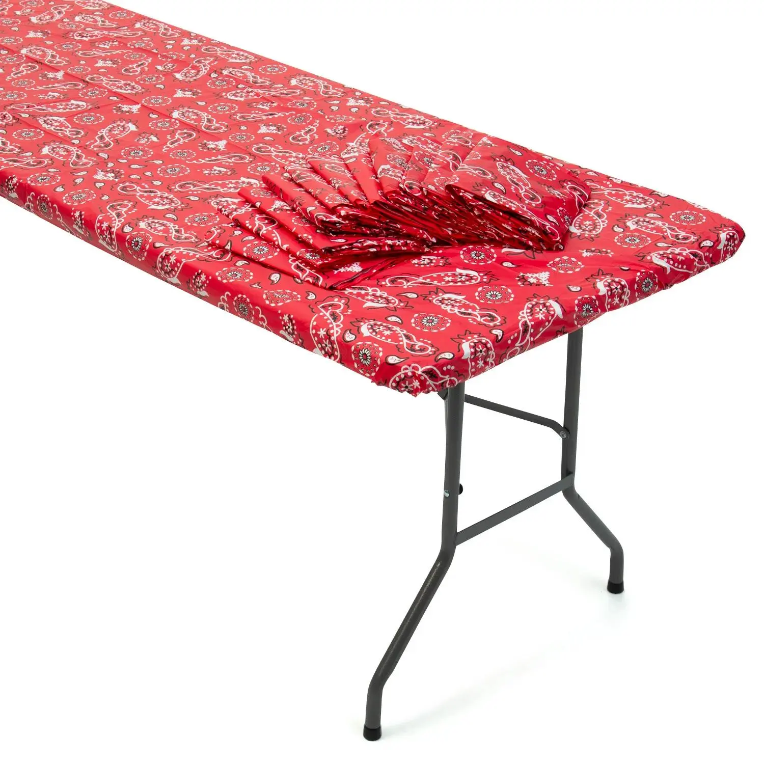 8 Ft. Bulk 12 Pc. Red Bandana Rectangle Fitted Disposable Plastic Tablecloths