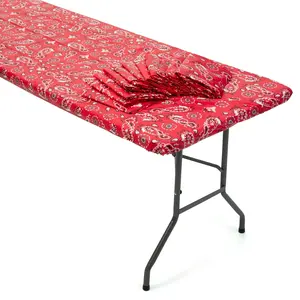 8 Ft. Bulk 12 Pc. Red Bandana Rectangle Fitted Disposable Plastic Tablecloths