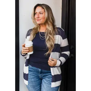Sweet & Sincere Striped Pointelle Cardigan- Ivory & Dark Navy