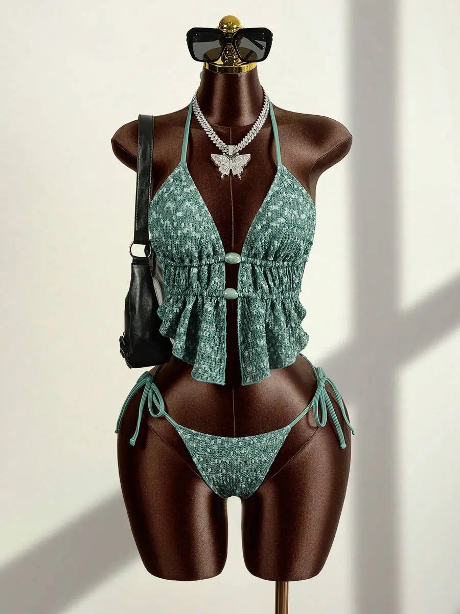 Women's Green Textured Fabric Beaded Bikini Set, Summer Vacation Casual Beach Party Outfit