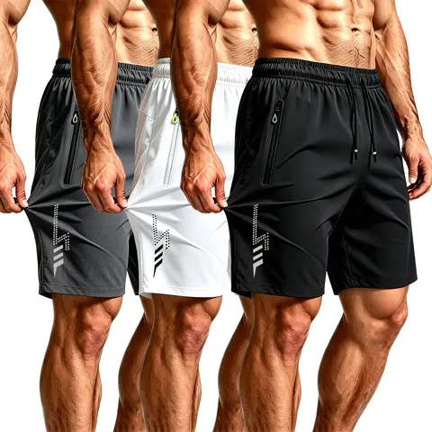 Men’s 3-Pack Athleisure Shorts - 100% Polyester Regular Fit Quick-Dry Performance Style Men’s Shorts, Breathable Sweat-Wicking, Elastic Waist, Reflective Lightning Print, All Seasons, Ideal for Summer Workouts & Beach Vacations