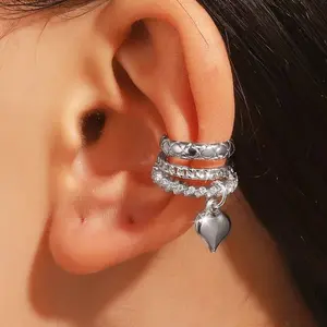 Silver Tone Multi-Layer Ear Cuff with Heart Charm, Three-Row Design with Quilted, Chain, and Crystal Layers, Dainty Stacked Cartilage Ear Cuff for Feminine Styling