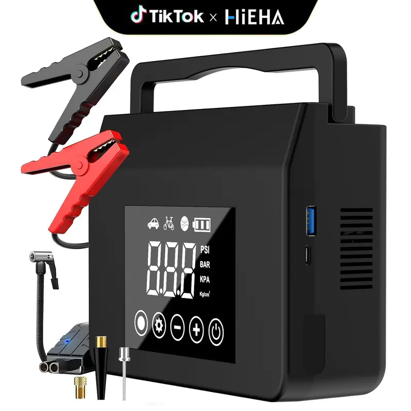 【Hieha】 New Year Gift: 2026 Tire Portable Air Compressor & Car Jump Starter& Portable Power Bank Charger, 3 in 1, 8000mAh 0-150 PSI for Car, Motorcycle, Bike, Balls, Motorboat, Tablet PC, Phones and LED/SOS Light