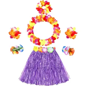 7 Pcs Hawaiian Luau Hula Grass Skirt with Flower Costume Set Flower Bracelet Headband Necklace Hibiscus Hair Clip Women