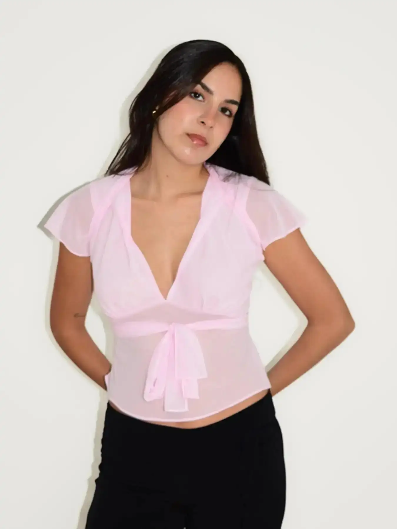 Women's Refined Feminine Flutter Sleeve Mesh Blouse Top, Ribbon Hollow Out Sheer Tie Spliced Design, Polished Detail for Office Commute Daily Casual Wear, Chic Elegant Blouses Tops Womenswear