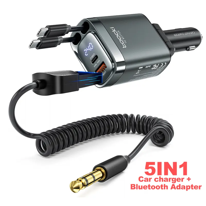 Retractable 100W 4-in-1 Car Charger With Dual USB-C/USB-A Fast Charging Led Voltage Display For 12v 24v Phone Tablet Travel Adapter Retractable 100W 4-in-1 Car Charger With Dual USB-C/USB-A Fast Charging Led Voltage Display For 12v 24v Phone Tablet Travel Adapter
