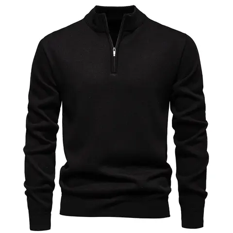 Men's Fitted Polyester Fleece-Lined Half-Zip Long-Sleeved Sweatshirt - Fabric, Zipper Mechanism Activewear for Casual, Daily Spring, Autumn, Winter Wear, Zipper Mechanism Men's Sweatshirts