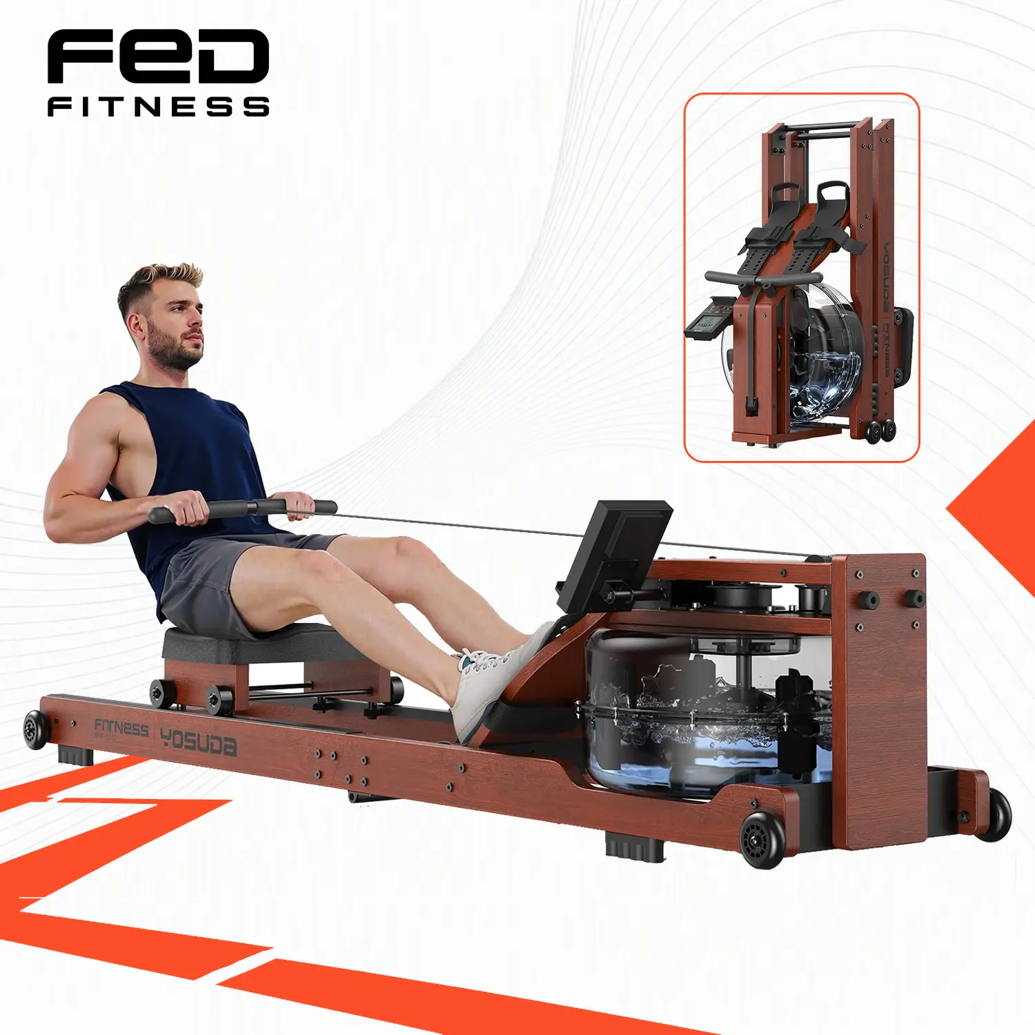 FED Fitness Yosuda Series RM5 Foldable Rowing Machine for Home Full-Body Workouts - 400LBS Capacity, Beech Wood FSC Wood Frame, Ergonomic Seat, Dedicated Monitor, Bluetooth App Sync, Oversized Water Tank, Patented Sealing, Unisex