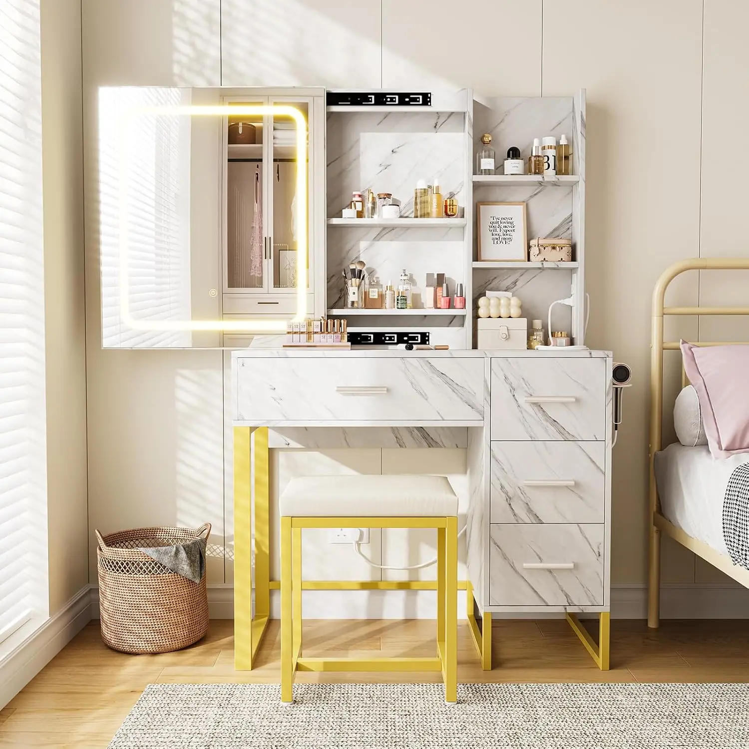 Vanity Desk with Mirror and Lights, Makeup Vanity Desk with Sliding LED Lighted Mirror, Power Outlet, Makeup Vanity Set with 4 Drawers, Storage Shelves, Cushioned Stool for Bedroom, Marble White