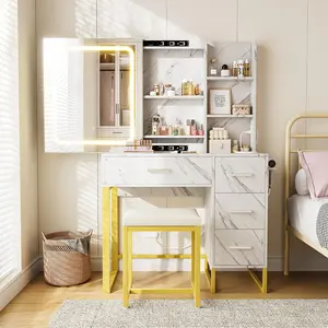 Vanity Desk with Mirror and Lights, Makeup Vanity Desk with Sliding LED Lighted Mirror, Power Outlet, Makeup Vanity Set with 4 Drawers, Storage Shelves, Cushioned Stool for Bedroom, Marble White