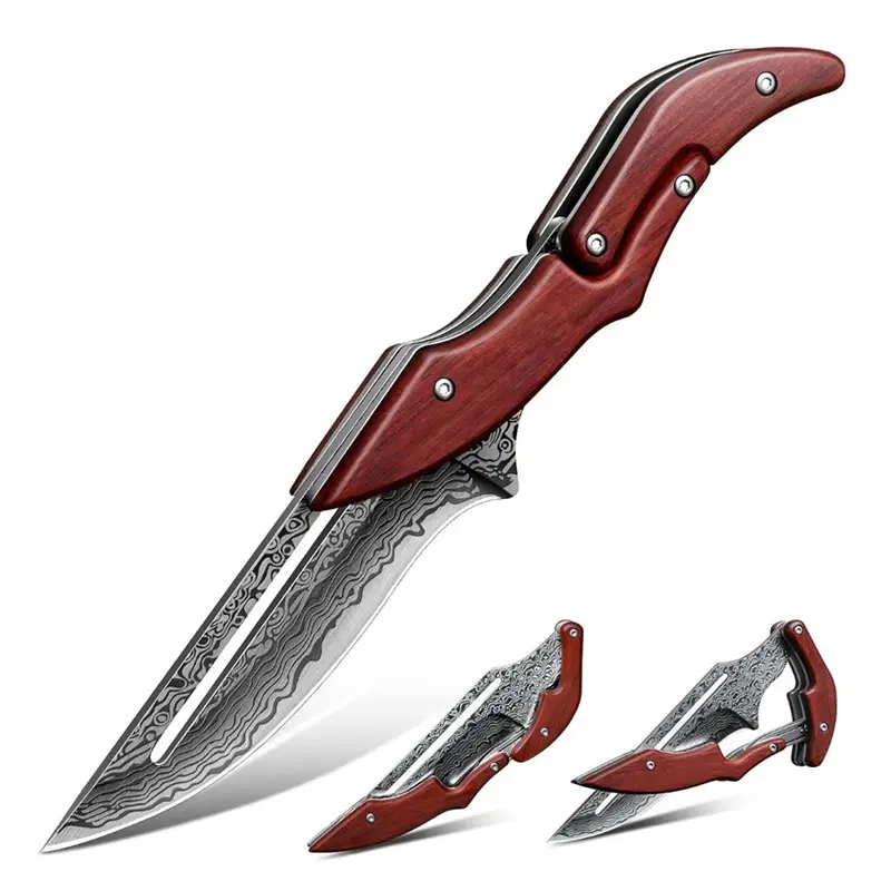 Multi-Style Damascus Folding Knife - Layered Steel Blade with Wood Handle | EDC Pocket Tool for Camping and Daily Tasks