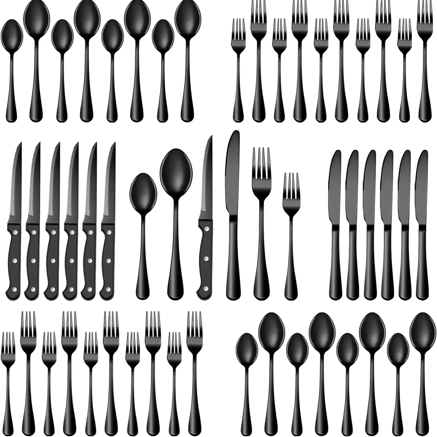 24/48 Pcs Black Silverware Set, Stainless Steel, Mirror Polished Cutlery Utensil Set, Durable Home Kitchen Eating Tableware Set, Include Fork Knife Spoon Set, Dishwasher Safe Flatware Set