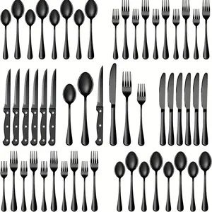 24/48 Pcs Black Silverware Set, Stainless Steel, Mirror Polished Cutlery Utensil Set, Durable Home Kitchen Eating Tableware Set, Include Fork Knife Spoon Set, Dishwasher Safe Flatware Set