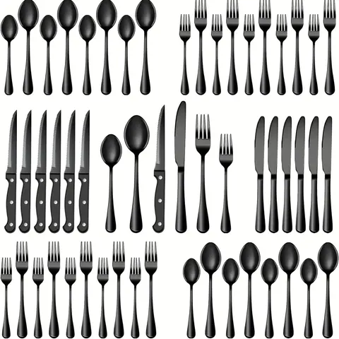 Black Stainless Steel Flatware (24-Piece/48-Piece), Mirror Polished Adult Cutlery, 24/48 Set Fit Dishware Sets, Party-Ready Durable Dishwasher-Safe Kitchen Home Essentials (Fork, Knife, Spoon)