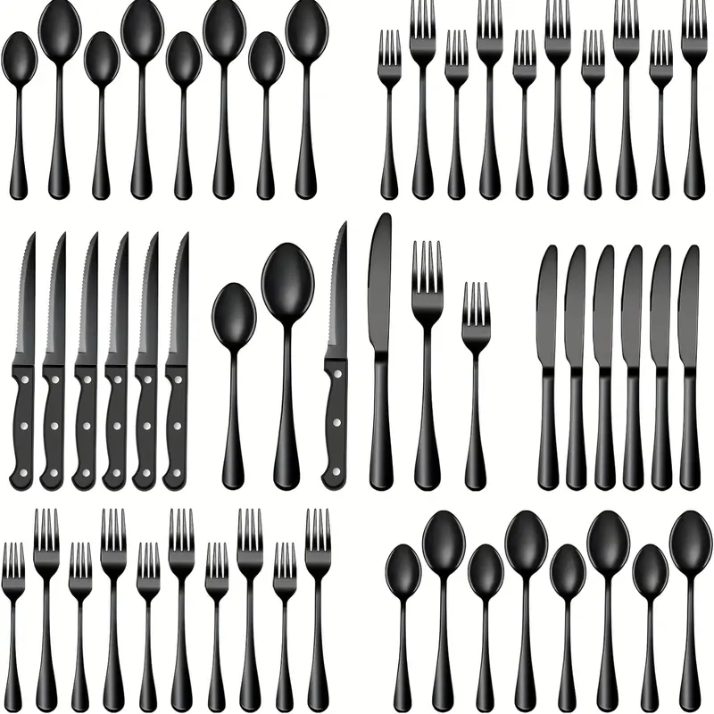 Black Stainless Steel Flatware (24-Piece/48-Piece), Mirror Polished Adult Cutlery, 24/48 Set Fit Dishware Sets, Party-Ready Durable Dishwasher-Safe Kitchen Home Essentials (Fork, Knife, Spoon)