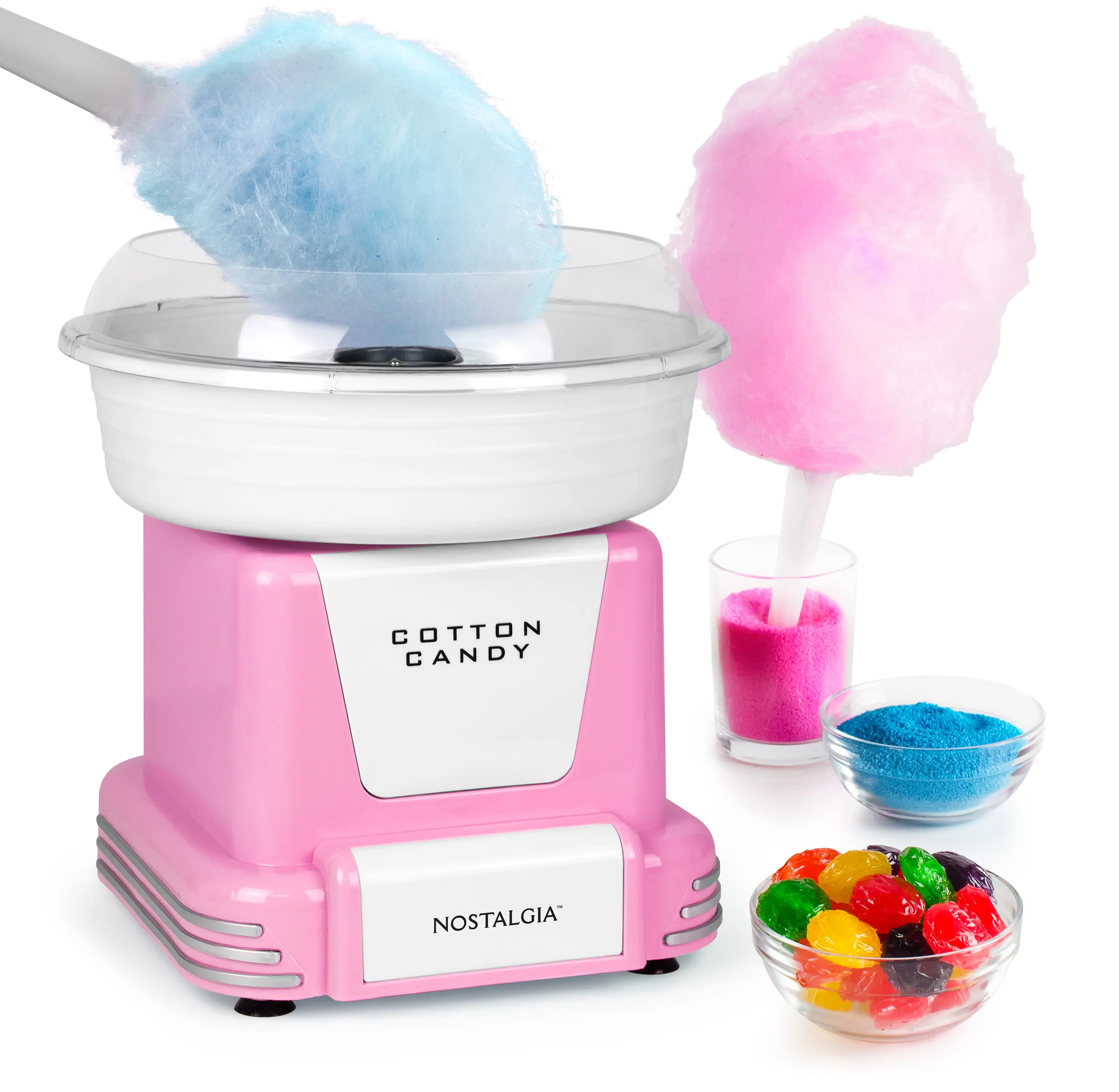 Nostalgia Pink Household Cotton Candy Maker - Candy Making Kitchen Specialty Appliance with Steel Bowl, 1 Extractor Head, 1 Sugar Scoop, 2 Reusable Cones, Sugar/Hard Treat Compatibility, Easy Cleaning