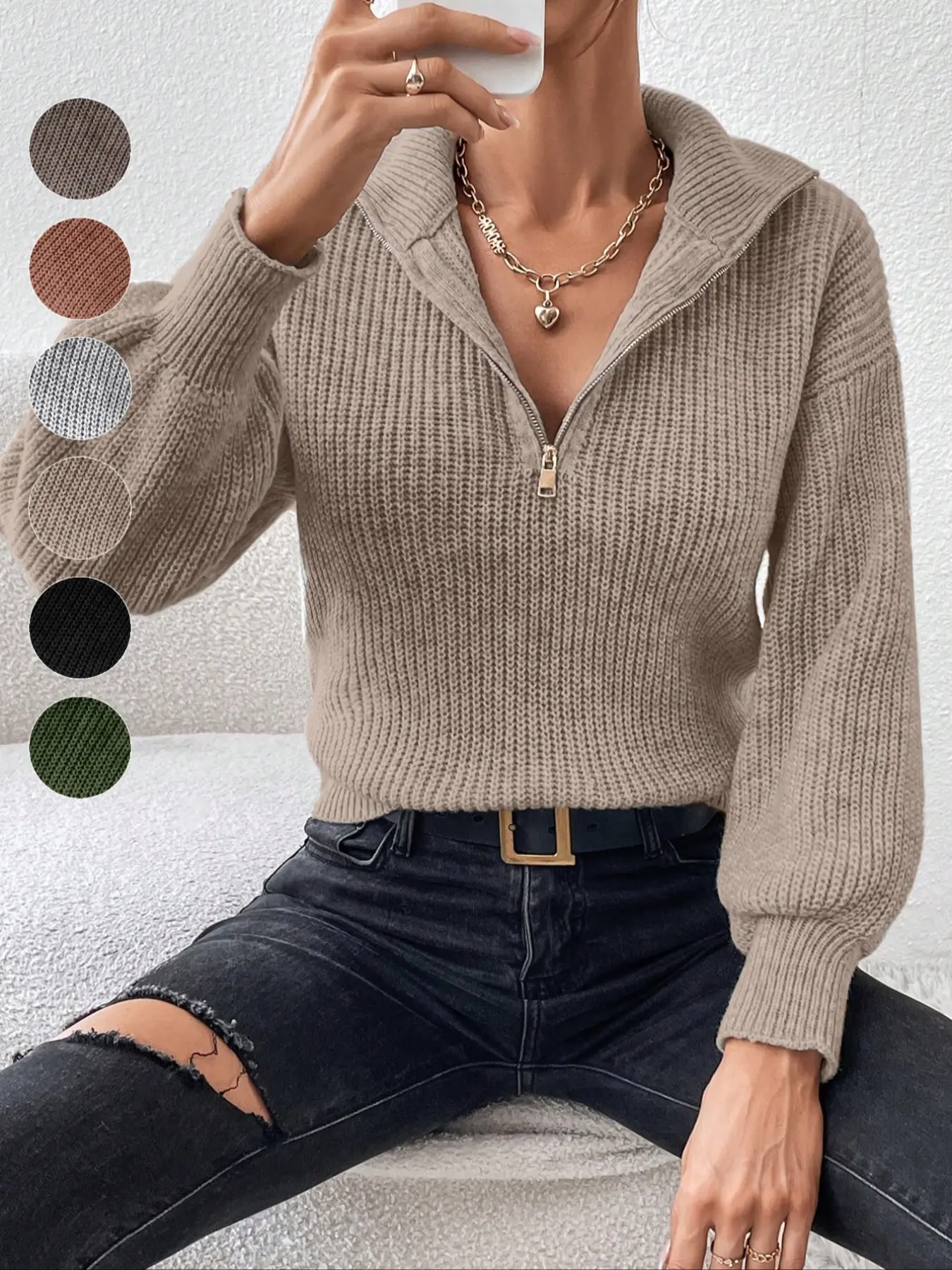 Women's Plain Basic Half Zip Drop Shoulder Sweater, Casual Long Sleeve Collared Jumper for Spring & Fall, Fashion Women's Knitwear for Daily Wear, Lady, Tops, Everyday Fit