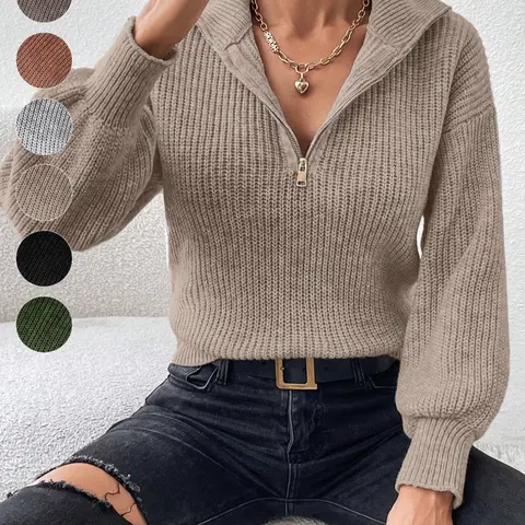 Women's Plain Basic Half Zip Drop Shoulder Lightweight Sweater, Casual Long Sleeve Collared Jumper for Spring & Fall, Fashion Women's Knitwear for Daily Wear, Lady, Tops, Everyday Fit