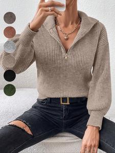 women's plain half zip drop shoulder sweater, casual long sleeve collared jumper for spring & fall, fashion women's knitwear for daily wear, fall outfits, fallfreshness, vintage clothing, sweaters for women, fall women's clothing