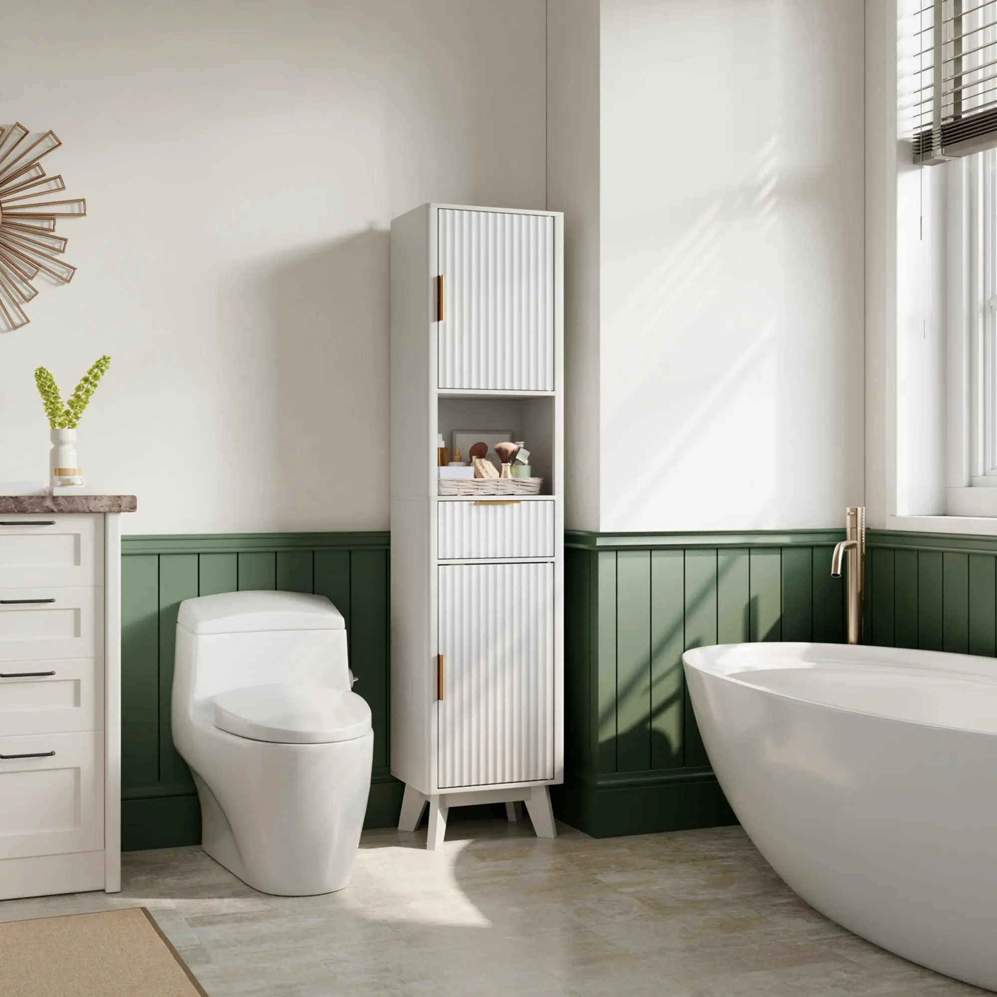 67" Tall Bathroom Storage Cabinet with Fluted Doors, Narrow Metal Cabinet with Fluted Doors and Drawer, Thin Cabinet with Open Countertop for for Bathroom, Living Room, Kitchen, Dining Room