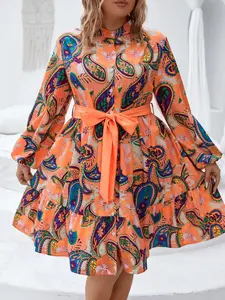 【Plus Size】 Paisley Print Belted Fitted Dress, Casual Boho Chic Classy Elegant Bohemian Boho Long Sleeve Collared A Line Dress for Daily Wear, Women's Plus Clothing for All Seasons
