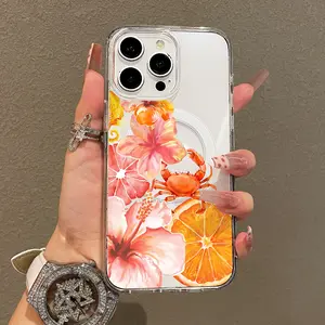 Trendy Magnetic Case for iPhone11/12/13/14/15/16/17/promax, Orange And Sea Creatures Ultra Slim, MagSafe Support, Shockproof | Playful & Fun Style