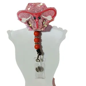 Handcrafted retractable beaded alligator clip badge reel - uterus, OB, l&d nurse