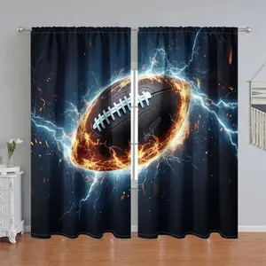 2Pcs Fire & Lightning Football Curtain Panels, Explosive Sport Themed Pole Pocket Drapes, Semi Sunshade Window Treatment for Living Room, Bedroom, Balcony, Kitchen, Study, Shower, Accessory, Anti Privacy.