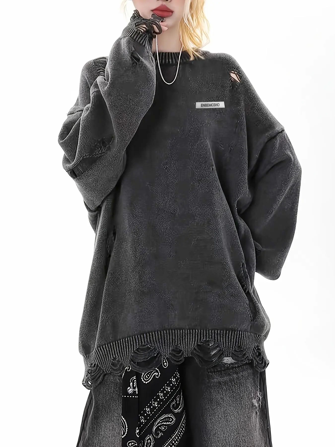 Men's Vintage Tie-Dye Ripped Fringe Sweater, Casual Fashion Round Neck Knitwear, Trendy American Style Pullover for All Seasons