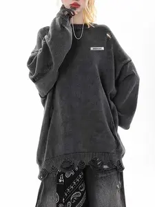 Men's Vintage Tie-Dye Ripped Fringe Sweater, Casual Fashion Round Neck Knitwear, Trendy American Style Pullover for All Seasons