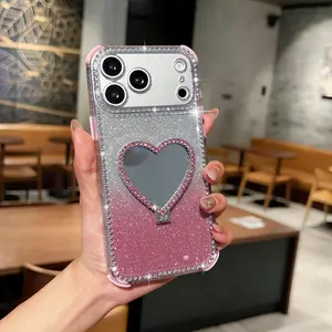 Luxury Glitter Heart Mirror iPhone Case with Kickstand, Diamond Heart Makeup Mirror Bling Sparkly Rhinestone with Camera Protector Soft Plating Bumper Women Girls Case for iPhone 17/17 Pro/17 Pro Max/16 Pro Max