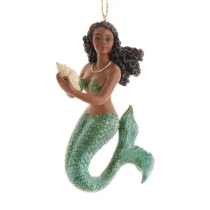 Resin Mermaid With Green Tail And Seashell Ornament