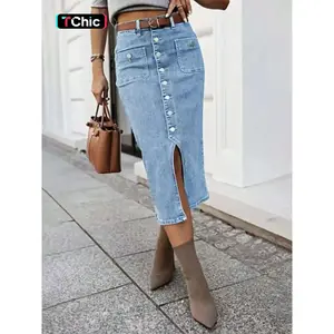 Women's light blue open hem slim fit midi skirt, button design denim half skirt, elastic fabric, suitable for dates and New Year's wearRAIMENTRY