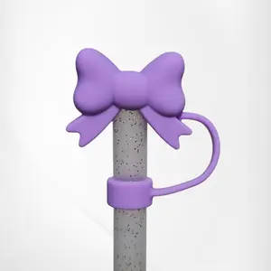 Butterfly Ribbon Bow Silicone Straw Topper  - Dahlia Purple