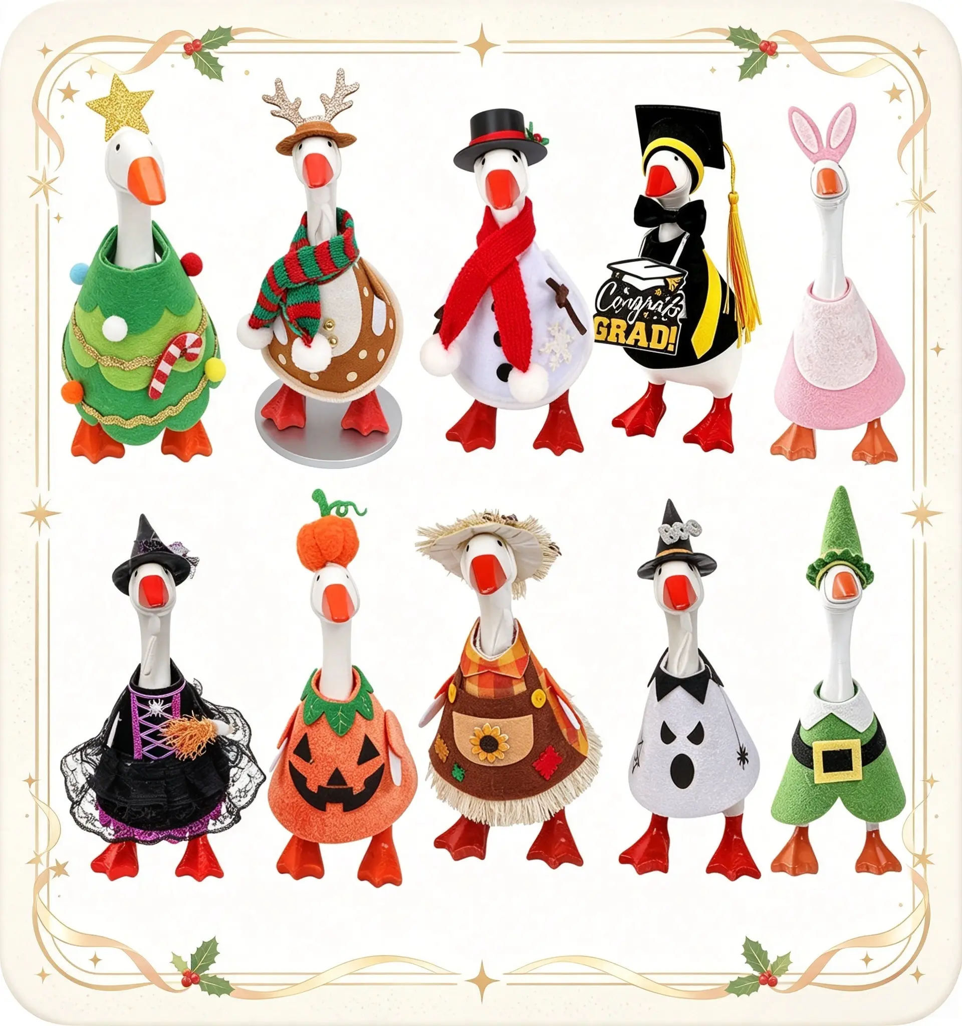 10 Pcs Holiday Felt Costume Sets for 7 Inch Magnetic Desk Goose Duck Statue, SeasonalDecor Accessories for Easter Halloween Fall Christmas Desktop Table Decor