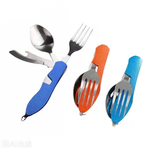 Folding camping cutlery set 4-in-1 stainless steel spoon, fork, knife, bottle opener set, detachable cutlery pocket kit, backpack cutlery multi-function tool