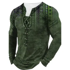 Bohemian Style Pattern Men's Vintage Long Sleeve Henley Tee Spring Fall Gift For Men Tops Casual Green Knit Crewneck Beige Fabric Menswear Lace Collar Fathersdaygift Knitwear Medium Polyester