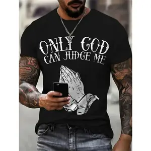 Men's Religion T-shirt Printed Only God Can Judge Me Letter - Religious Faith Design with Praying Hands Symbol - Round Neck for Church, Causal Wear