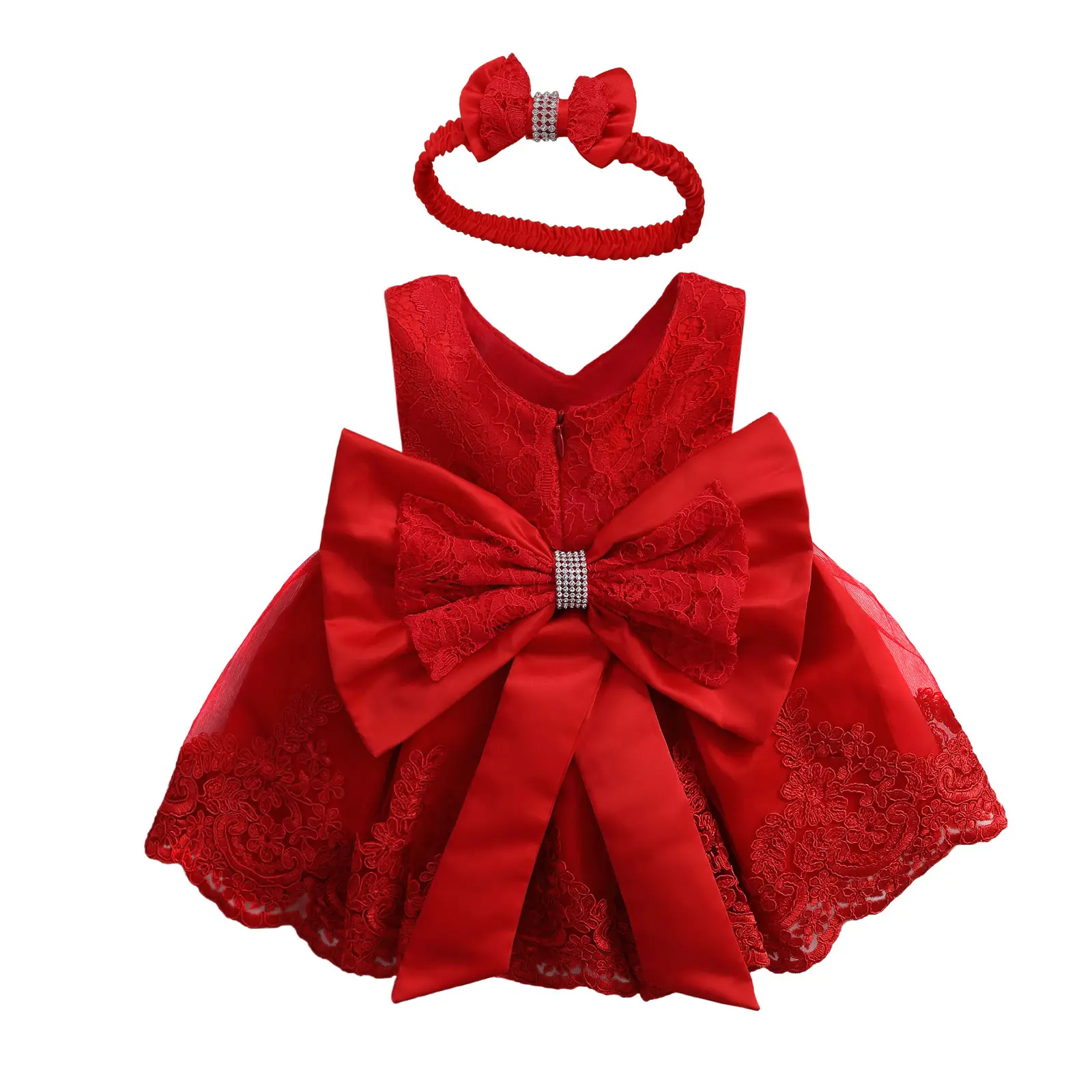 Baby Girls Dresses with Hairband, Sleeveless Floral Lace Back Big Bow Round Neck Dress, Multi-Layer Mesh TuTu Style Back Zip Dress