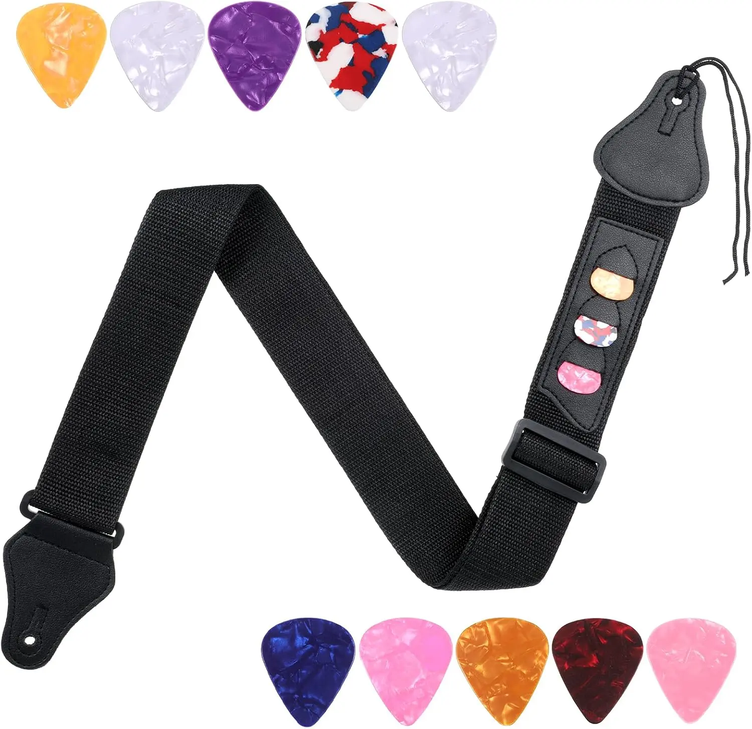 Black Guitar Strap with 10 Picks, Bass & Electric Guitar Strap, Acoustic Guitars Straps Accessories for All Guitars, Pick