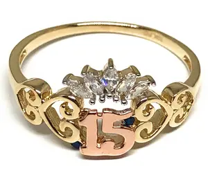 10k Solid Gold Yellow & Rose Gold Crown CZ Mis 15 Años Ring (FC 80)