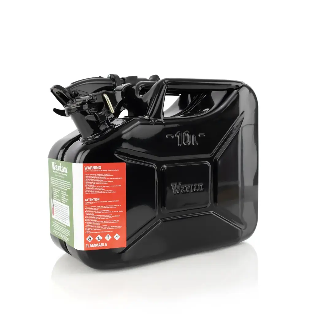 Wavian USA Fuel Container 10L Stainless Steel Black | Jerry Can Style, Flexible Spout Included, Secure Locking Cap, Carry Handle, Fuel Storage